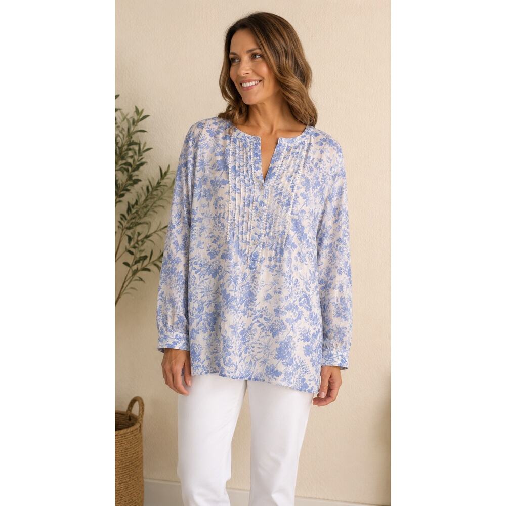 J. Jill Love Linen Floral Tunic Top Large Blue White 100% Linen Long Sleeve Boho - Picture 12 of 12